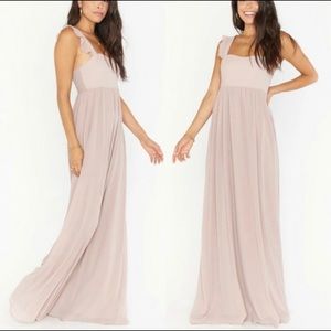 June Ruffle Strap A-Line Gown in neutral mauve